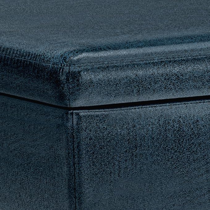 SIMPLIHOME Owen Coffee Table Storage Ottoman - 34 inch Wide Upholstered Vegan Leather Rectangular Lift-Top Ottoman in Distressed Dark Blue, Mid-Century Modern Bench for Living Room with Tapered Legs