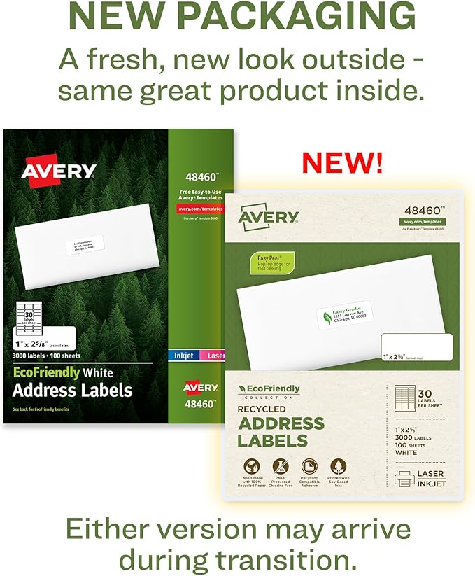 Avery EcoFriendly Recycled Address Labels, 1" x 2-5/8", White, Permanent Label Adhesive, 3,000 Printable Labels (48460) (Pack of 5)
