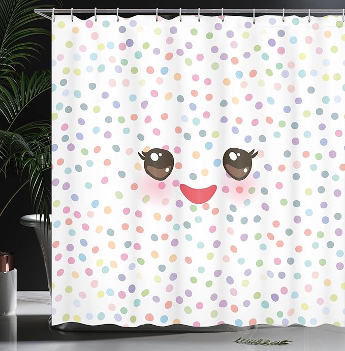 Ambesonne Eyelash Shower Curtain, Kawaii Funny Muzzle Pastel Tone Cheeks and Eyes on Colorful Polka Dots Backdrop, Cloth Fabric Bathroom Decor Set with Hooks, 69" W x 70" L, Brown Multicolor