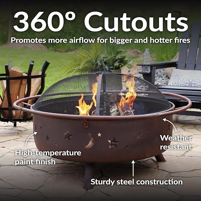 Sunnydaze Cosmic 42-Inch Large Outdoor Fire Pit - Wood-Burning Fire Pit with Round Spark Screen, Poker, and Built-in Grate