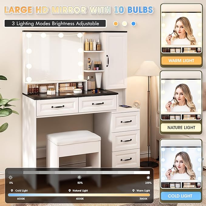 Vabches Makeup Vanity Desk with Lights and Mirror, Black Vanity Table Set with Charging Station, Glass Top Vanity with RGB Lights, Large Mirror with 3 Lighting Modes, 5 Drawers & Cabinet, 40.7in(L)