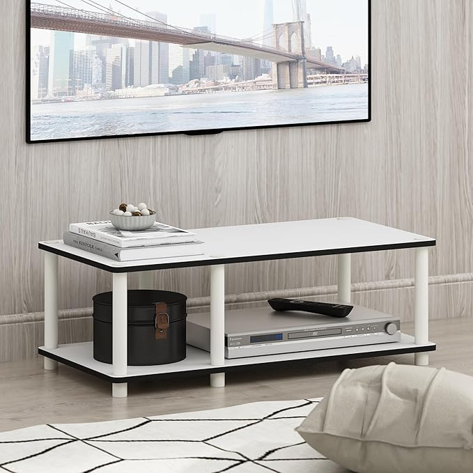 Furinno JUST TV Stand, 2-Tier No Tools Mid Entertainment Center with Open Shelf, TV Console for TV up to 46 Inch with Tubes, for Living Room, Bedroom, White