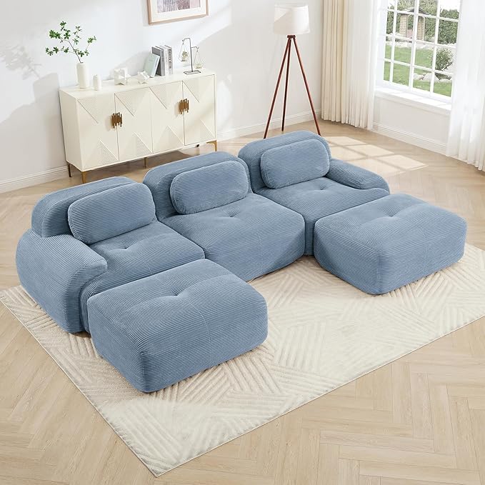 Blue Ottoman for Modular Sectional Sofa, Corduroy Deep Seat for Oversized Compressed Boneless Sectional Couches for Living Room Bedroom Apartment, Cloud Sofa Couch, Memory Foam, No Assembly