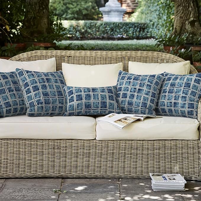 LVTXIII Outdoor Throw Pillows Set of 2, Patio Waterproof Pillows Fade Resistant Accent Pillows for Home and Garden Furniture Decoration, 16x16 Inch, Denim Blue Checkered