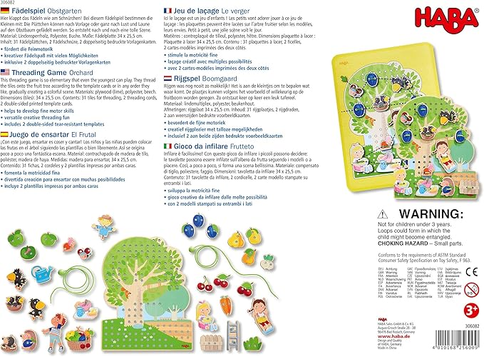 HABA Orchard Threading Game for Kids Ages 3-5, Lacing Tiles for Fine Motor Skills Development, Montessori Learning Toy for Preschoolers with 31 Fruit & Character Tiles
