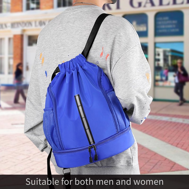 XMYAOWEI Sport Gym Bag Drawstring Backpack Beach Bag for Men Women with Shoe Compartment and Reflective Strips (Blue)