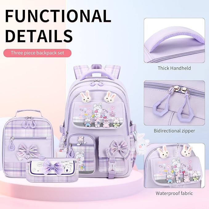 Girls Backpack 3pcs School Backpack with Lunch Box Teen Girl Backpack Set Cute Kids School Bag Bookbag for Teen Girls