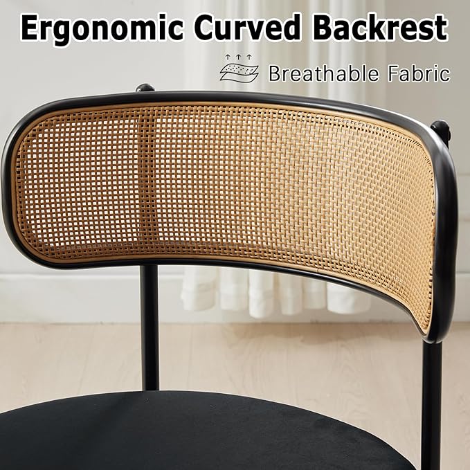 Rattan Dining Chairs Set of 8, Mid Century Modern Dining Chairs with Cane Back and Boucle Upholstered Seat, Farmhouse Kitchen Chairs for Dining Room and Living Room, Black