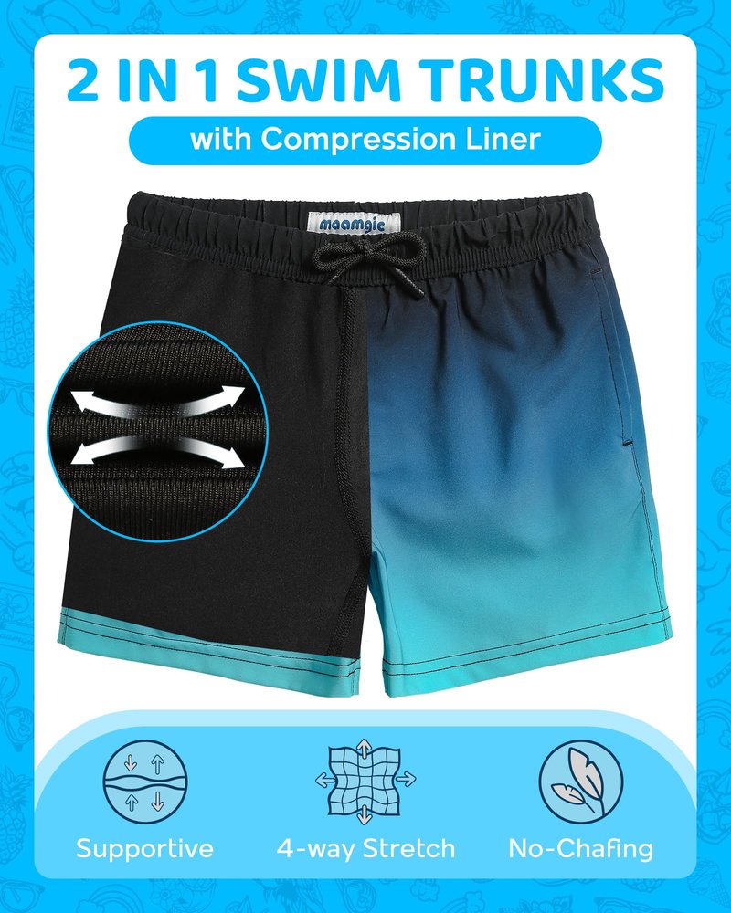 maamgic Boys Swim Trunks with Compression Liner 4-Way Stretch Quick Dry Bathing Suit Toddler Beach Shorts Blue Black 5-6 Years
