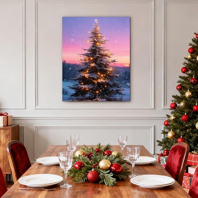 Framed Christmas Pictures Wall Decor,Vintage Pine Tree Prints,Winter Christmas Canvas Wall Art Decoration for Bedroom Bathroom Living Room Rustic Xmas Holiday Gifts (Christmas Tree 12, 16'' X 24'')