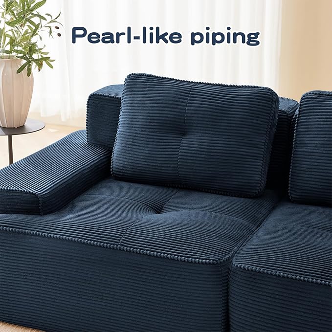 115" Modern Corduroy Cloud Sofa with Ottoman, L Shaped Boneless Modular Large Sectional Couches for Living Room, Blue 3 Seater Compressed Memory Foam Couch, Extra Deep Seat, No Assembly
