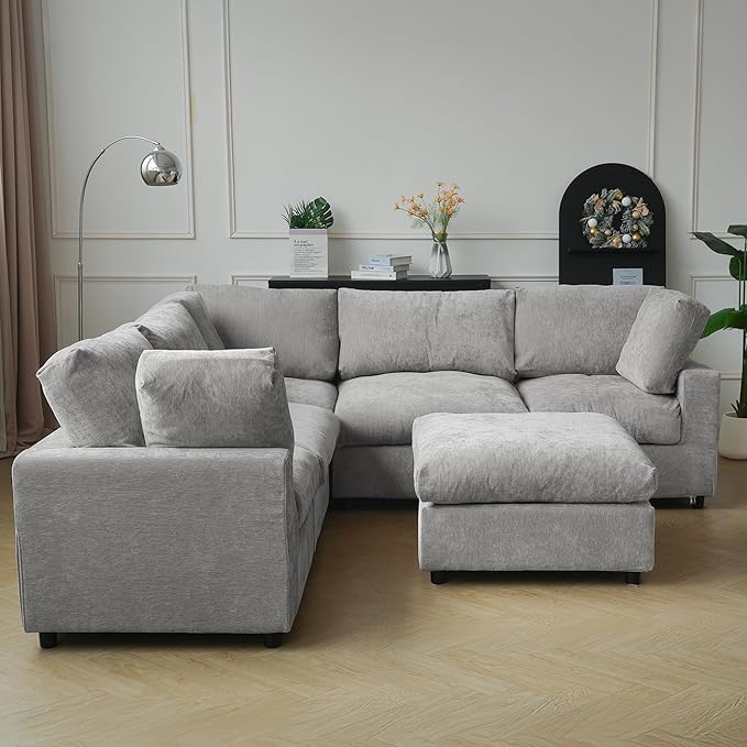 JACH V Shape Sectional Couches with Chaise Ottoman, Convertible Modular Sofa, Cloud Sectional Couch, Sofa Covers Washable, Minimalist Couch for Living Room, Apartment, Light Grey