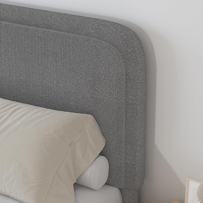 BarnFurin Full Size Bed Frame with Headboard, Boucle Upholstered Platform Bed Frame, Modern Style, Soft Rounded Corners, No Box Spring Required, Easy Assembly, Light Grey
