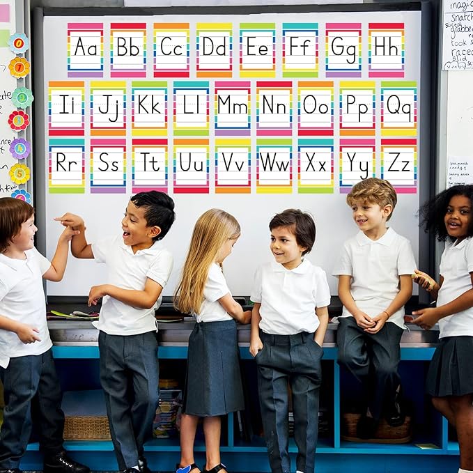 67 PCS Classroom Alphabet Number Educational Poster Cards with Weather Shape Color Learning Cards Decorations, Colorful Rainbow Bulletin Board Letter, School Home Wall Decor for Teacher