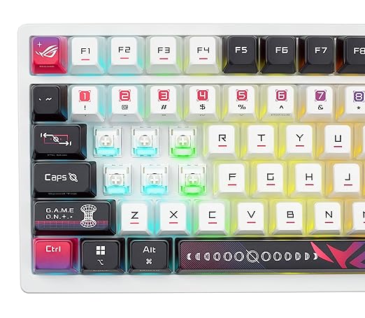 ROG Azoth X 75% custom gaming keyboard, hot-swappable Storm V2 Switches, gasket mount, dampening foam, FR4 plate, south-facing PCB, tri-mode connection, OLED display, control knob, wrist rest, Mac