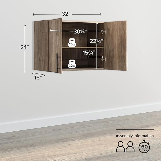 Prepac Elite Functional Wall Mount Shop Cabinet with Adjustable Shelf, Simplistic Stackable 2-Door Garage Cabinet 16" D x 32" W x 24" H, Drifted Gray, DEW-3224