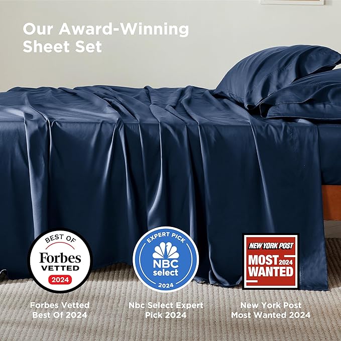 Bedsure Queen Sheet Set, Rayon Derived from Bamboo, Cooling Sheets, Breathable & Soft, Deep Pocket Up to 16 Inches, Hotel Luxury Silky Bedding for Hot Sleepers, Navy