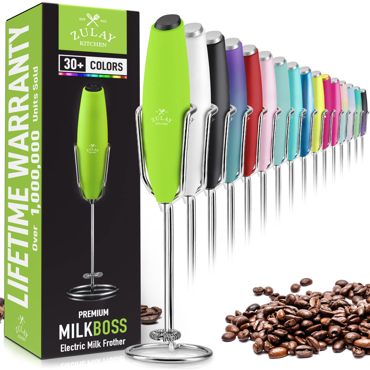Zulay Kitchen Milk Frother Wand – High-Speed Handheld Frother with Upgraded Stand – Electric Foam Maker with Stainless Steel Whisk