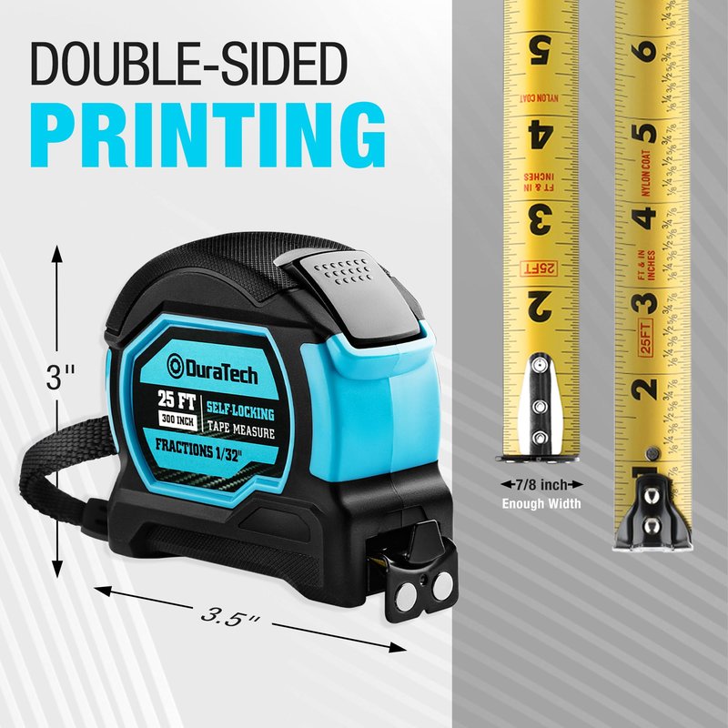 DURATECH 25FT Auto-Lock Tape Measure, Easy Read Magnetic Measuring Tape with Fractions 1/8″, Double Sided Measurement Tape with Minimum Scale 1/32″, Magnetic Hook, and Rubber Protective Casing