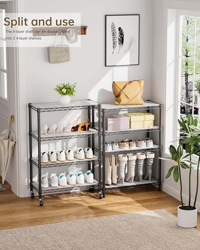 Golpart 8 Tier Shelves Storage Shelf Wire Closet Bathroom Organizers Metal Pantry Kitchen Garage Shelving Unit Laundry Room Organization Home Rack Net Basket Black with Wheels 12”D X 22”W X 74.2”H
