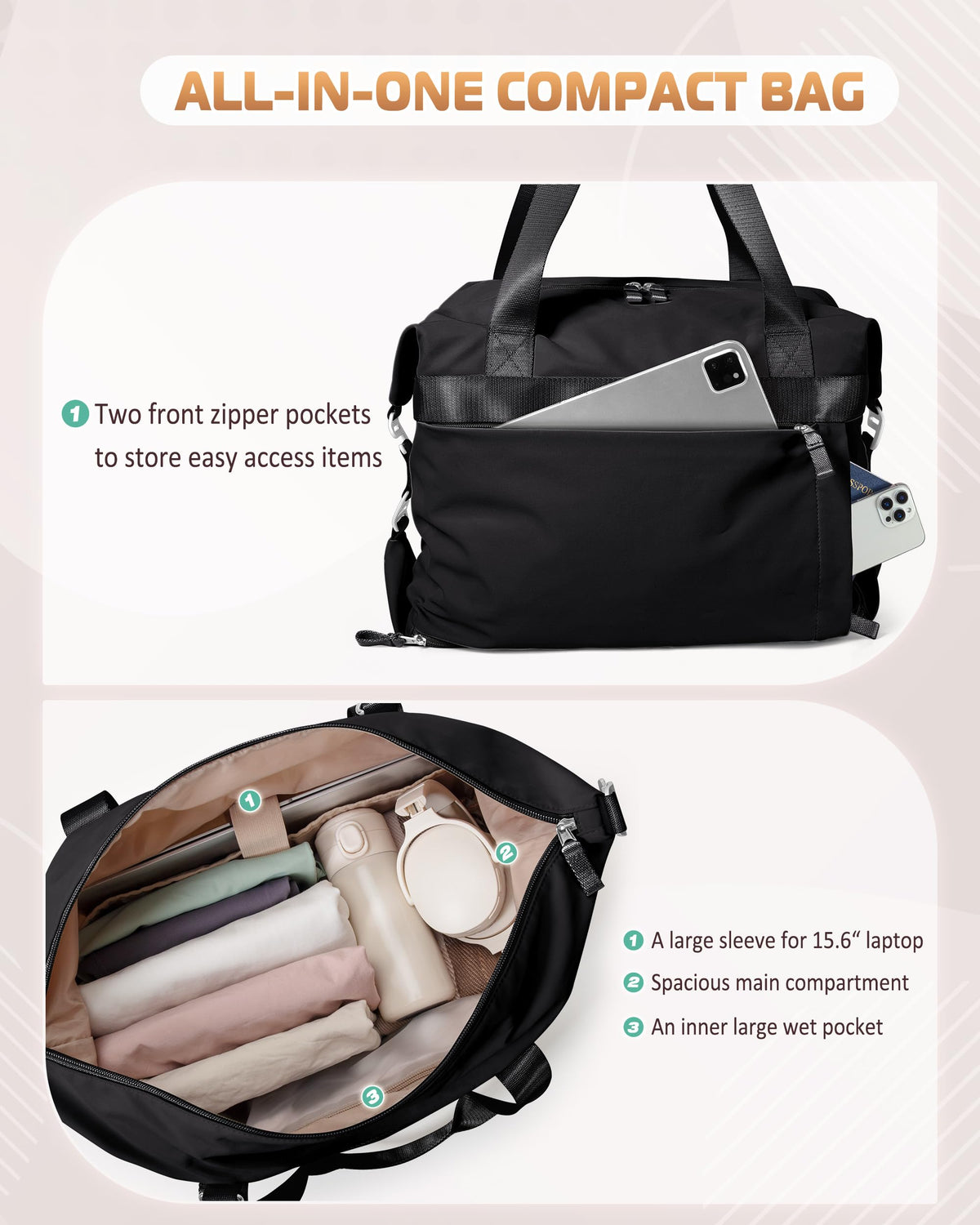 Smasrob Convertible Women Gym Bag with Shoe Compartment and Wet Pocket, Women Duffle Bag with Multiple Pockets and Crossbody Shoulder Strap for Travel and Gym, Black