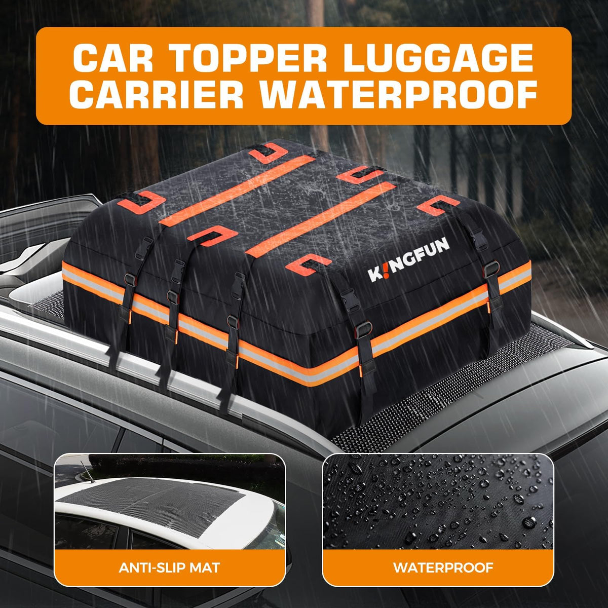 Kingfun Car Rooftop Cargo Carrier – Waterproof 15 Cubic Feet Car Roof Bag Fit All Vehicles with/Without Roof Racks, Includes Anti-Slip Mat, 8 Reinforced Straps & 6 Door Hooks, Luggage Locks