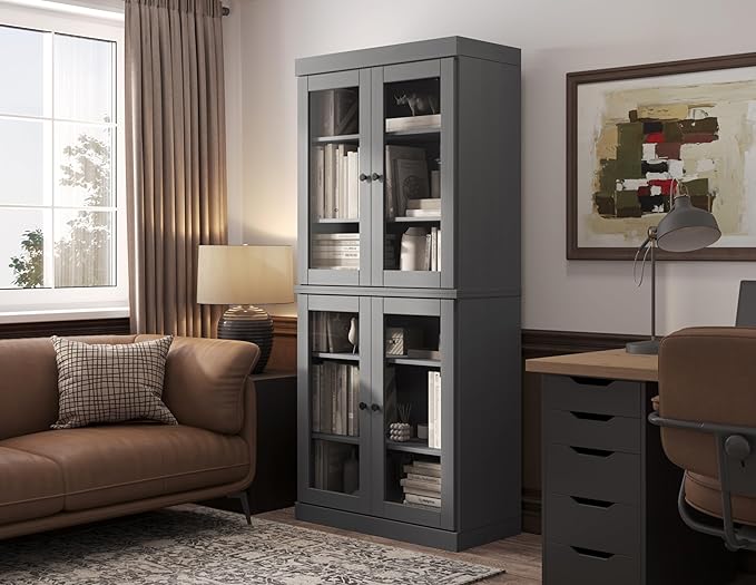 Palace Imports Solid Wood Bookcase - 6-Tier Tall Bookshelf, 71.5” H x 32” W - Gray, Clear Glass Cabinet Doors & Adjustable Shelves for Living Room, 100% Renewable Eco-Friendly Wood, Made in Brazil
