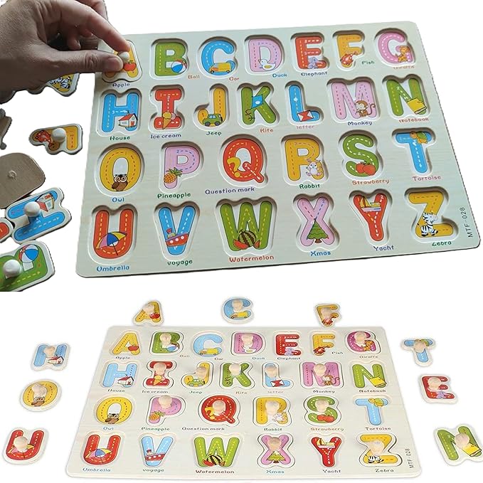 Alphabet Puzzle Wooden for Toddlers 3+ Years Old - Montessori ABC Learning Toy with Letter Blocks & Wooden Board - Preschool Educational Toy for Boys & Girls - Early Literacy & Fine Motor Skills