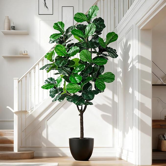 Artificial Fiddle Leaf Fig Tree 7ft with White Planter Realistic Fiddle Leaf Lyrata Plant Tall Fake Tree with Natural-Looking Leaves Fake Tree for Indoor Outdoor Home Office Decor
