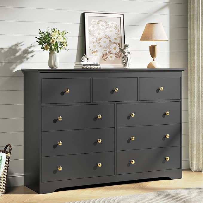 Black Dresser for Bedroom，55" Wide 9 Drawers Dressers,Modern Wooden Chest for Living Room, Hallway