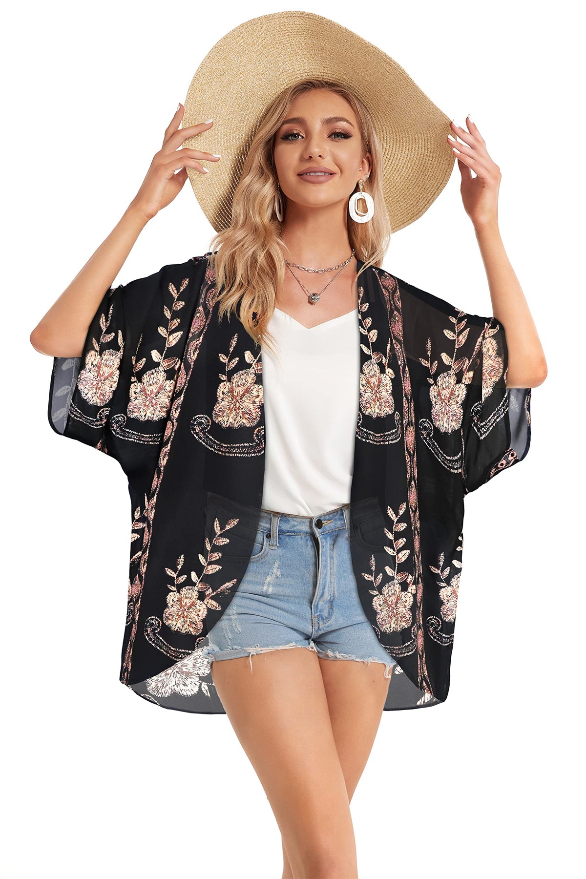 Kimono Cardigans Floral Womens Tops Dressy Casual Spring Cover ups Chiffon Open Front Shirts (BlackLace,L)