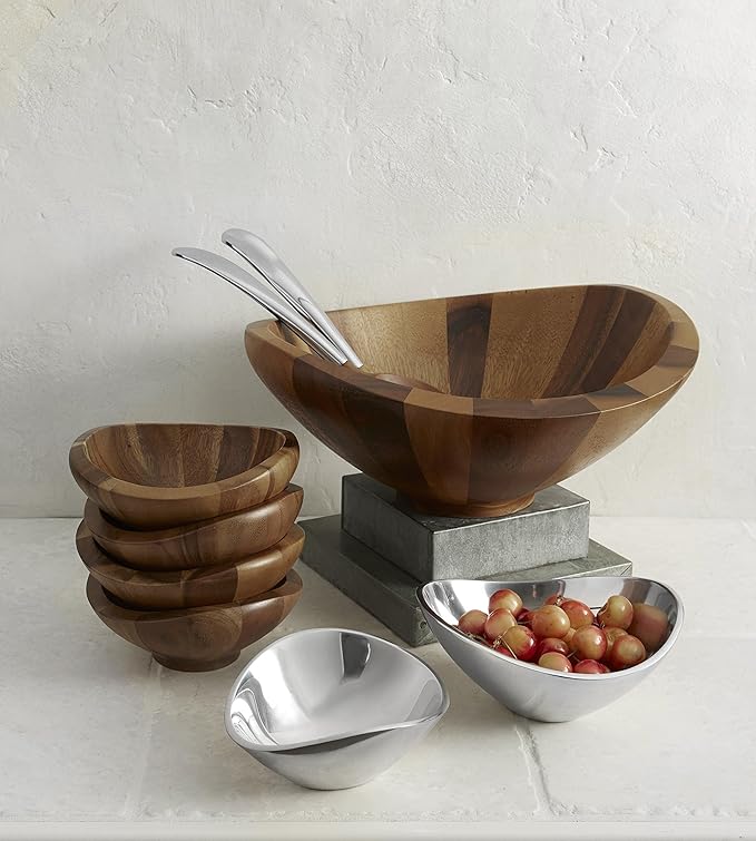 Nambé Butterfly Salad Bowl with Servers, 16-Inch Acacia Wood Bowl with 14-Inch Alloy Servers, Modern Table Centerpiece for Entertaining, Dining & Kitchen Serveware, Wood & Metal Design