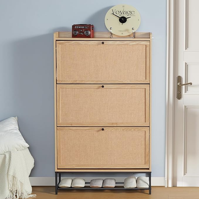 LEVNARY Shoe Storage Cabinet with 3 Flip Drawers, Freestanding Shoe Cabinet Storage Organizer for Entryway, Wooden Narrow Shoe Racks Cabinet with Metal Legs for Hallway (Natural Oak)