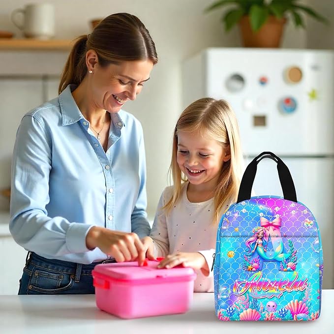 Custom Kids Backpack with Lunch Box Personalized Name Bookbag for Girls Back to School Mermaid Backpacks for Elementary Middle School Boys