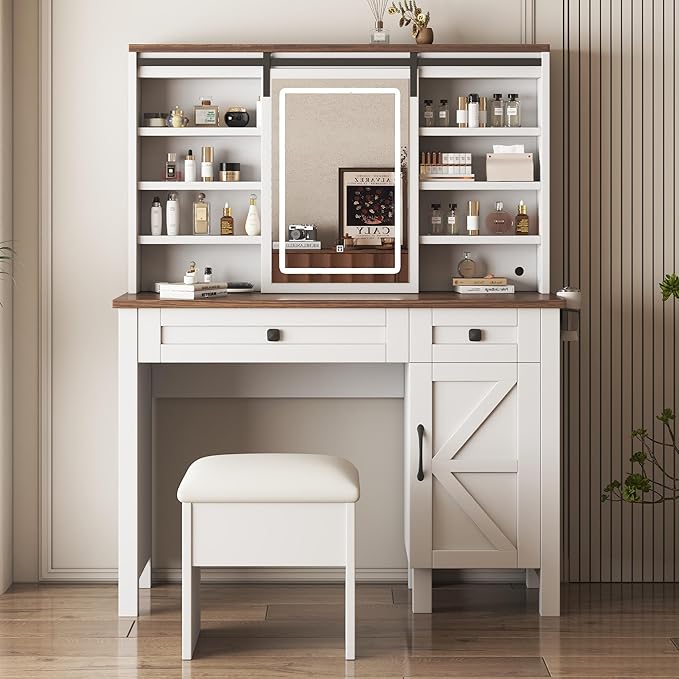 Vanity Desk and Chair Set with Sliding Mirror and Lights, 42" Glass Top White Vanity with Power Outlet, Makeup Vanity Table with 3 Color Modes Adjustable Brightness, Dressing Table for Bedroom