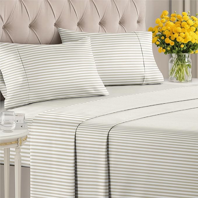 Striped Sheets - Grey Striped Sheets - 1 Flat & 1 Fitted & 2 Pillowcases w/ Deep Pockets – Comfy, Wrinkle & Fade Free - Ultra-Soft, Breathable & Cooling – Luxury Pinstripe Bedding - Queen Size Bed Set