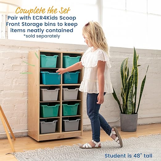 ECR4Kids 10 Cubby Mobile Tray Storage Cabinet, 5x2, Classroom Furniture, Natural
