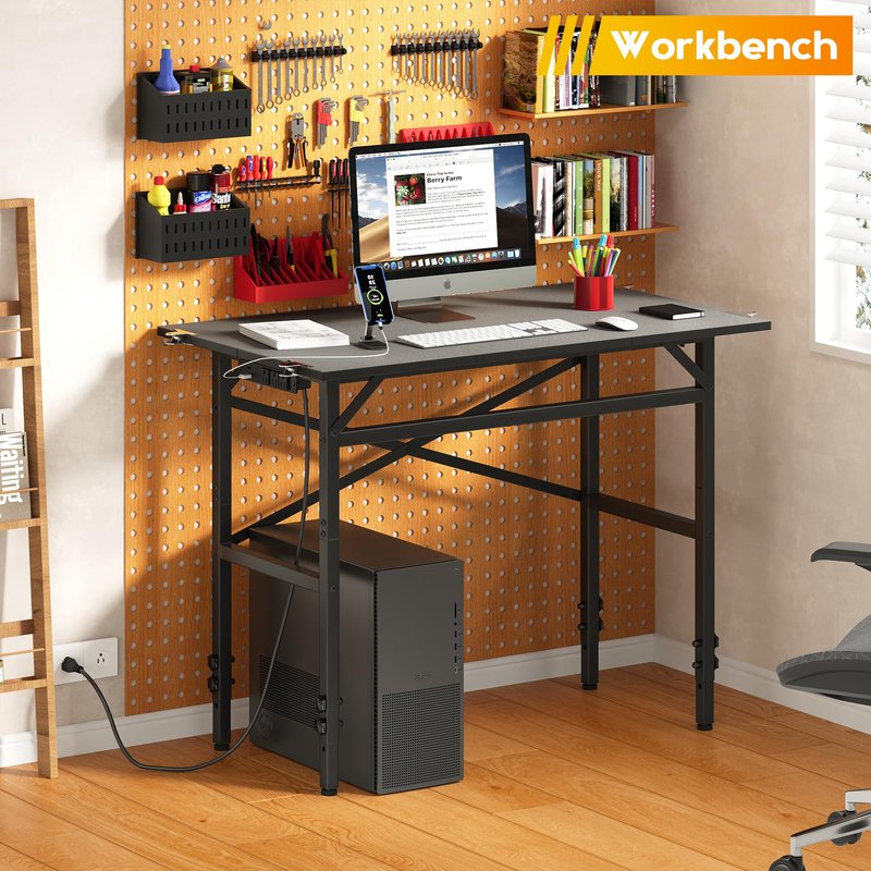 Small Workbench, 1000 Lbs Metal Work Benches for Garage, 38.58" Adjustable Work Table with Power Strip Sewing Table Workshop Home DIY
