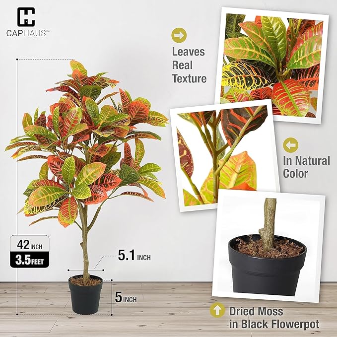 CAPHAUS 42 Inch Artificial Croton Tree Potted Plant - Realistic Faux Tropical Plant with UV Resistance, Low Maintenance Indoor Outdoor Decor for Front Porch, Patio, Houseplant