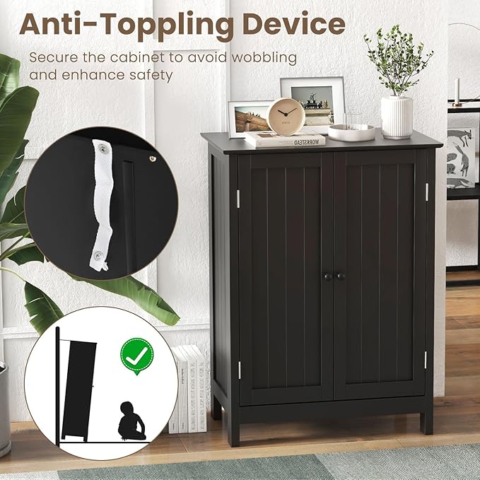 COSTWAY Bathroom Storage Cabinet, Freestanding Bathroom Organizers and Storage with Doors & Adjustable Shelf, Wooden Floor Cabinet for Home, Living Room, Entryway, Kitchen (Black)