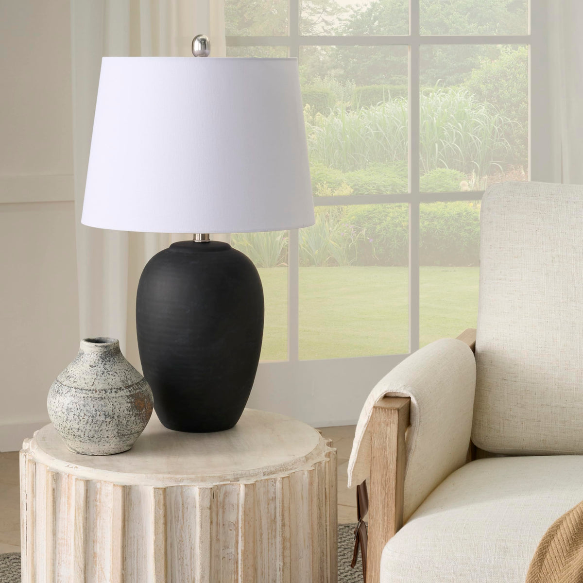 Nourison Home 23" Coastal Blue Ceramic Pot Table Lamp for Bedroom, Living Room, Dining Entryway, with White Shade