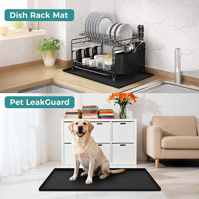 URMONA 22" x 22" Waterproof Silicone Mat in Multiple Sizes & Colors, Under Sink Mat for Kitchen & Bathroom, Pet Food Pad for Dogs & Cats, Kitchen Cabinet Liner, Multi-Purpose for Storage(Black)
