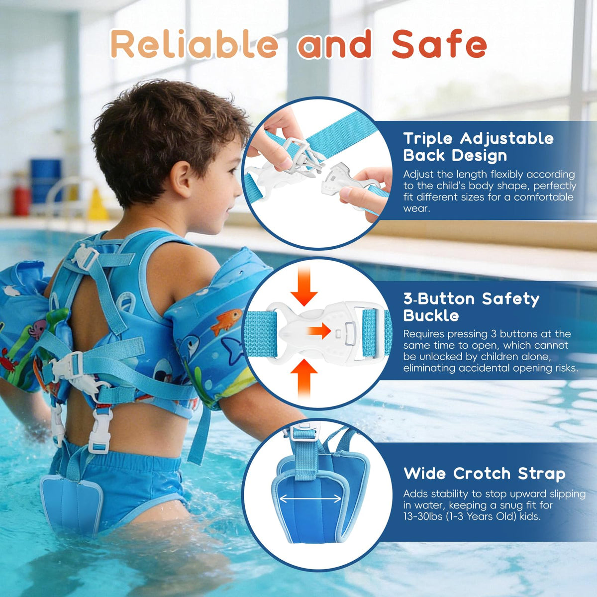 ReePlan Toddler Swim Vest for Kids 13-30-50-66 Lbs, Adjustable Swim Training Vest with Arm Floaties Reflective Strips Shoulder Straps & Secure Crotch Strap, with Whistle, Ages 1-2-3-4-5-6 Pool & Beach