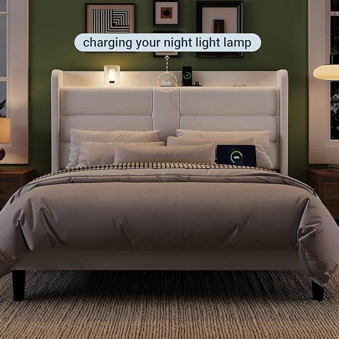 Allewie Queen Size Platform Bed Frame with Charging Station & Storage Headboard, Upholstered Velvet Wingback Design & USB Port, Strong Wooden Slats Support, No Box Spring Needed, Easy Assembly, White