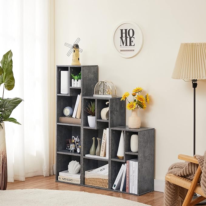 VECELO Small Bookshelf, 4 Cube Slim Bookcase, Fits Tallest Hardcovers, Horizontal Available, Modern Floor Standing Unit, Each Shelf Hold Up to 66 LBS,Gray