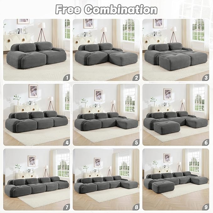 116" Modern Corduroy Cloud Sofa with Ottoman, L Shaped Boneless Modular Large Sectional Couches for Living Room, Gray 3 Seater Compressed Memory Foam Couch, Extra Deep Seat, No Assembly