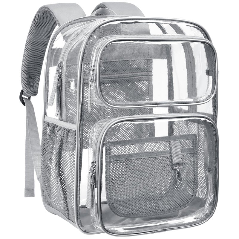 PACKISM Clear Backpack for School - 17 inch Large Heavy Duty Bookbag, Reinforced See Through PVC Transparent Backpack for Students Men Women, Battleship Grey (Age 12+)