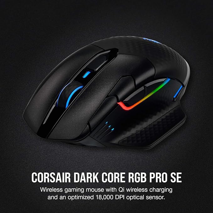 Corsair Dark CORE RGB PRO SE Wireless FPS/MOBA Gaming Mouse with Qi Charging – 18,000 DPI – 8 Programmable Buttons – Sub-1ms Wireless – iCUE Compatible – PC, Mac, PS5, PS4, Xbox – Black