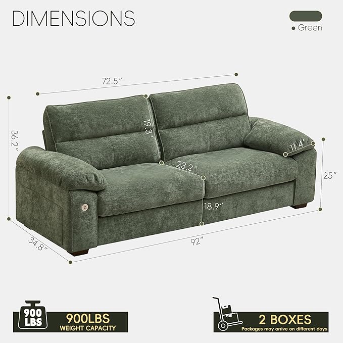 Ihanherry 92" Modern Sofa for Living Room, Deep Seat Chenille Couch with Fast Charging Port & Removable Washable Cushions, Pillow-Armrest Loveseat for Small Space/Apartment, Sturdy Frame, Green