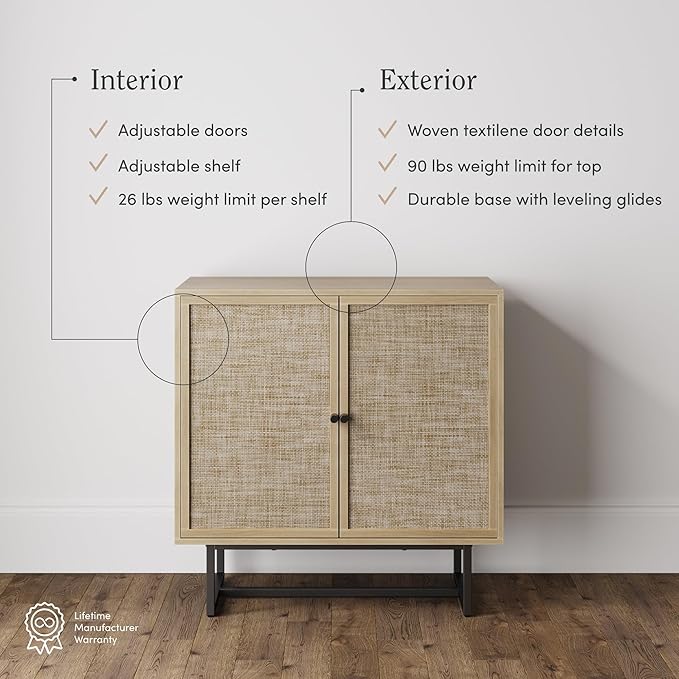 Nathan James Kova Accent Sideboard Storage Cabinet in Light Wood and Rattan with Metal Frame, Adjustable Shelves and Cane Doors, for Hallway, or Living Room, Light Oak/Cane/Black